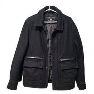 POINT ZERO Black Wool Pocket Mid Length Collar Full Zip Overcoat Jacket Small